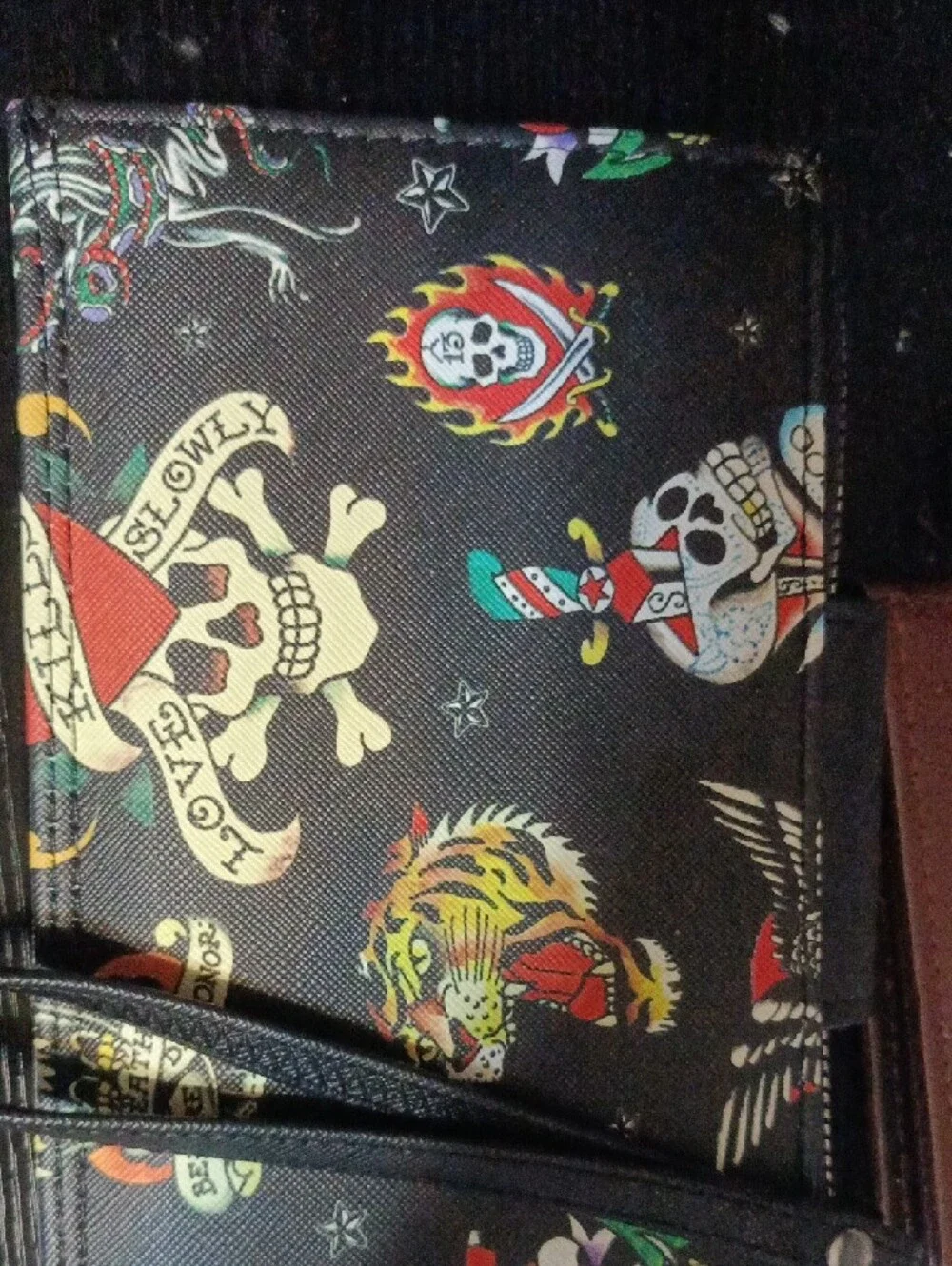 Ed Hardy Black Tattoo-Print Clutch with Multicolor Accents